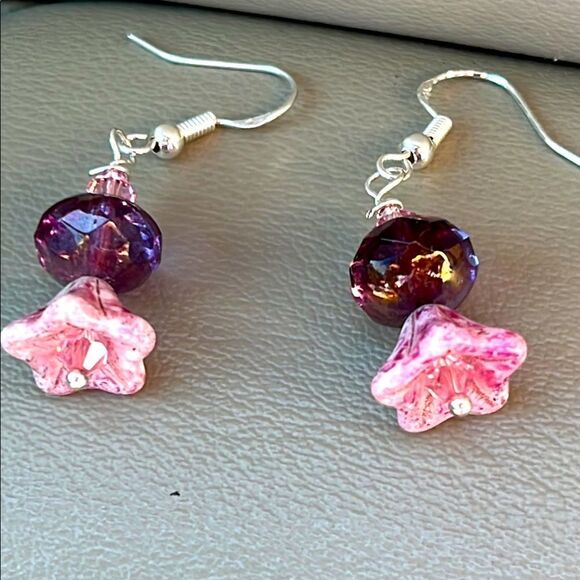 Handmade Pink Flower Earrings Czech Glass with mixed medium w Sterling - Picture 4 of 4